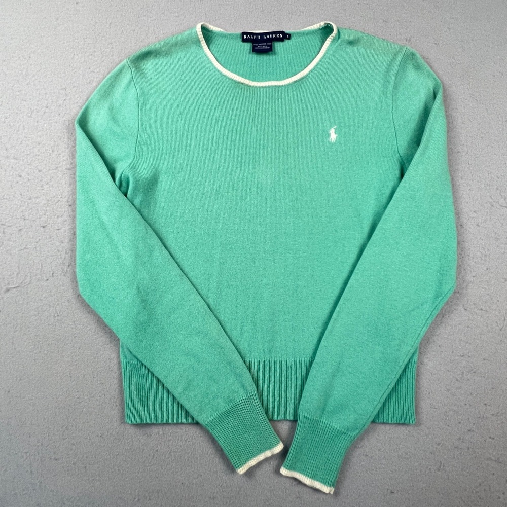 Ralph Lauren Sweater Womens Large Green Silk Cashmere Blend Knit Preppy Luxury